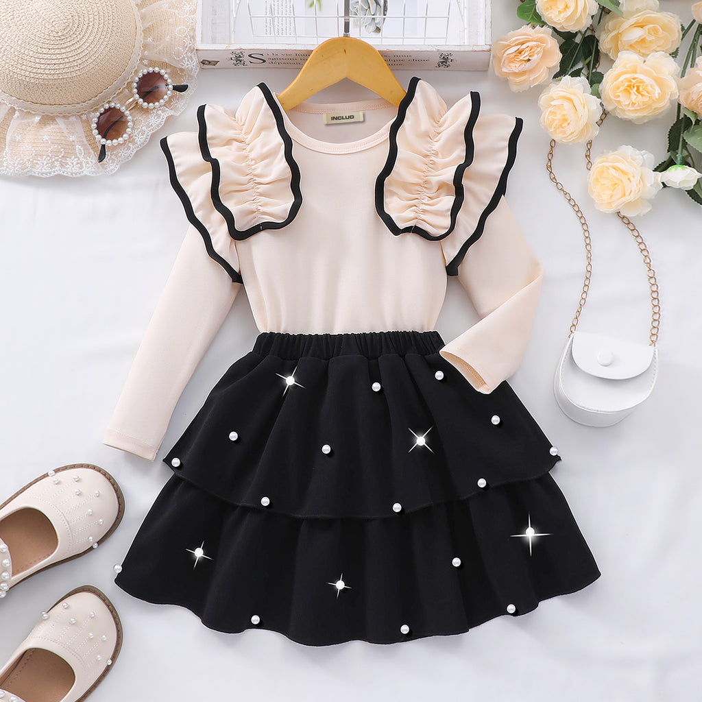 Girls Apricot Beaded Long Sleeves Fit & Flare Dress Casual Dresses Apricot 3-4 Y