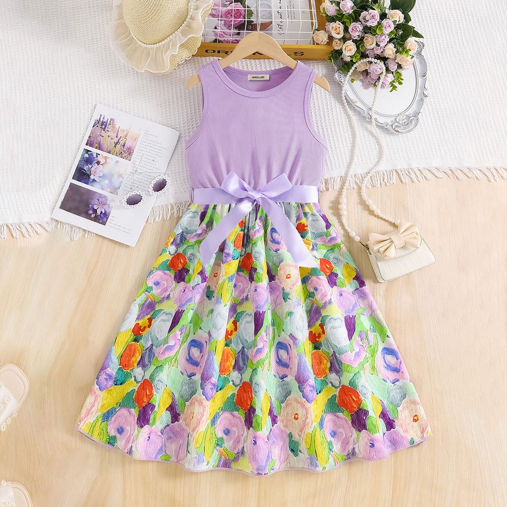 Girls Purple Floral Printed Fit And Flared Midi Casual Dress Casual Dresses Purple 3-4 Y