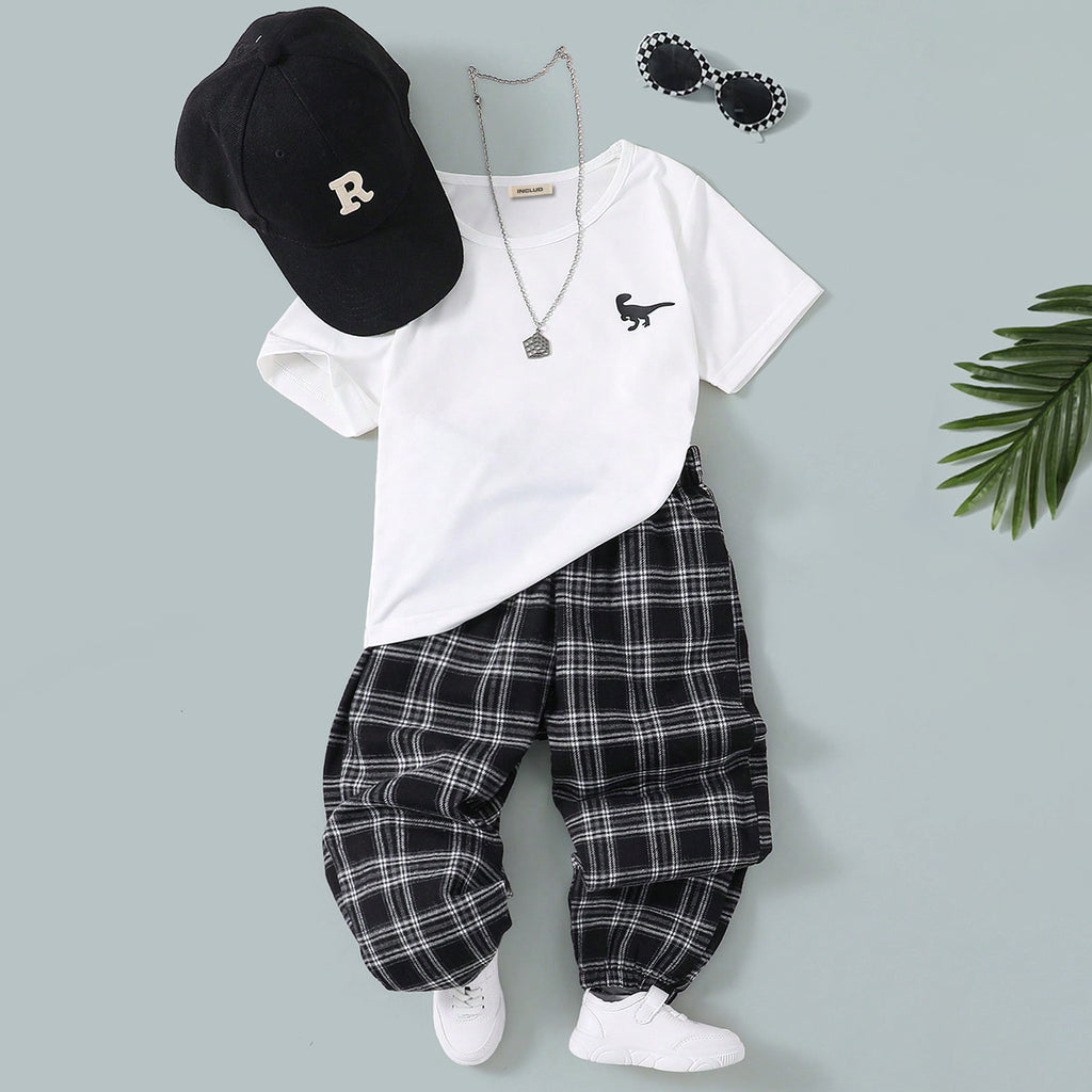 Boys White Dinosaur Printed T-Shirt With Checked Pants Set 2 pc. Sets White 3-4 Y