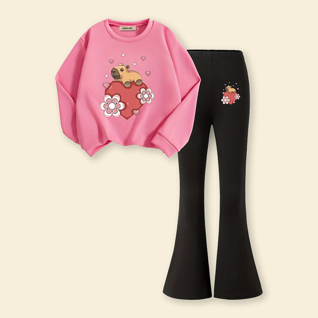 Girls Pink Heart Print Sweatshirt with Flared Pants Set 2 pc. Sets Pink 7-8 Y