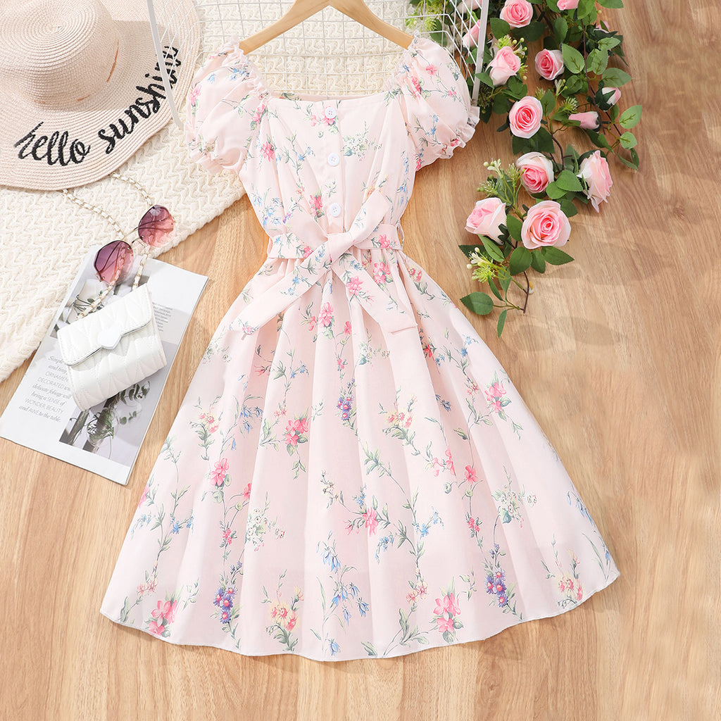 Girls Pink Floral Print Off-Shoulder Dress Casual Dresses Pink 7-8 Y