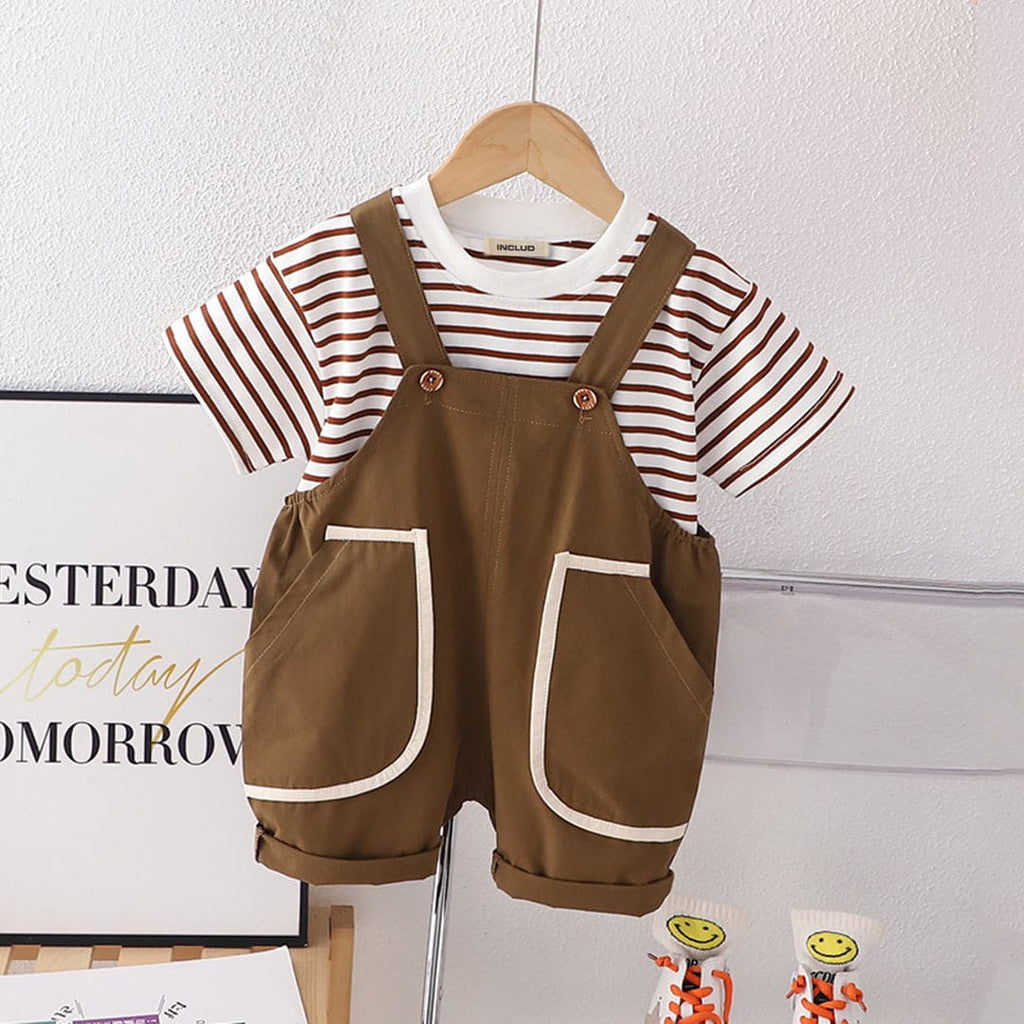 Boys Short Sleeve Striped T-Shirt With Short Length Dungaree 2 pc. Sets Brown 1-2 Y 