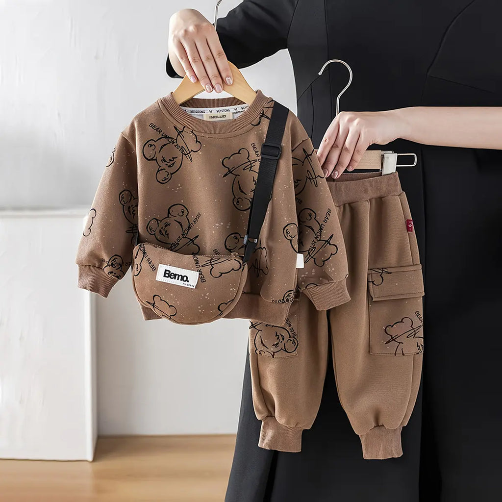 Girls Brown Allover Bear Printed Sweatshirt With jogger & Sling Bag Sets Sets Brown 1-2 Y