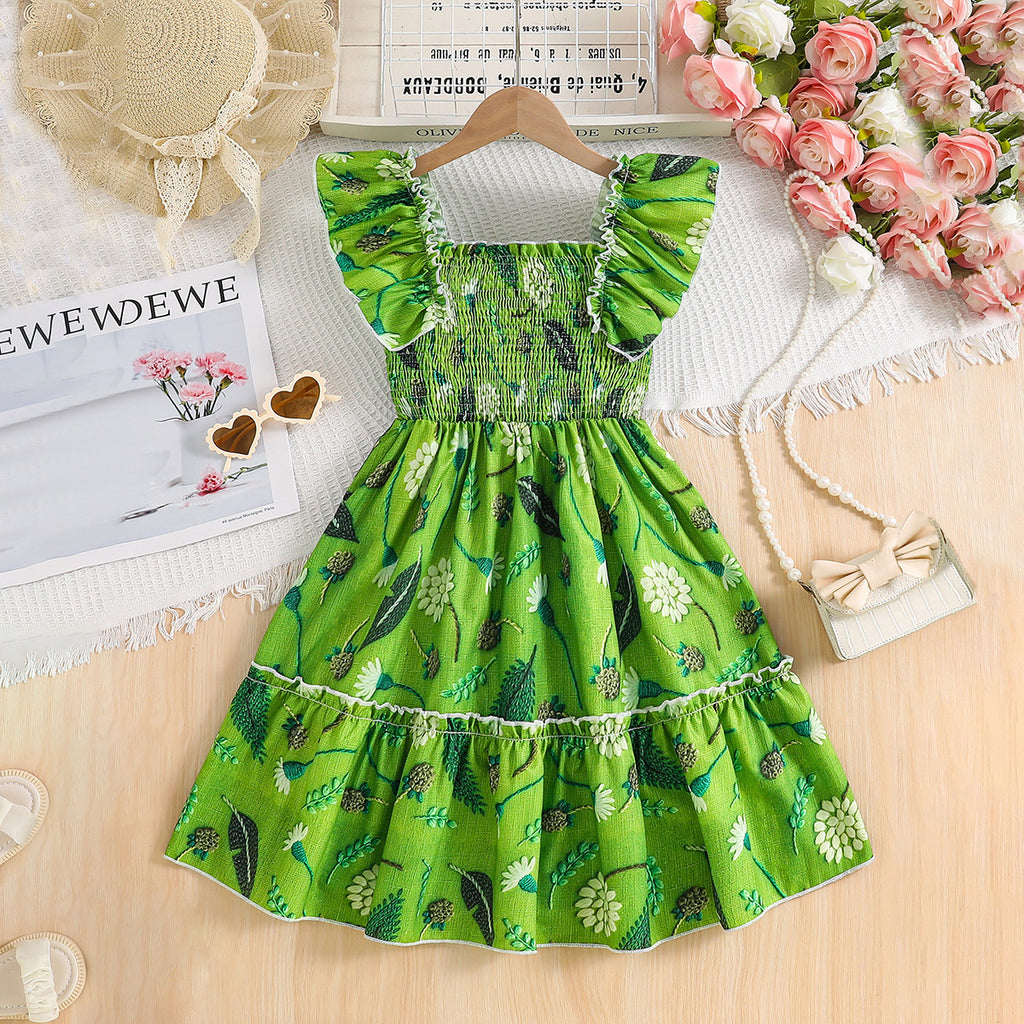 Girls Green Floral Printed Sleeveless Square Neck Fit & Flare Smocked Dress Casual Dresses Green 3-4 Y