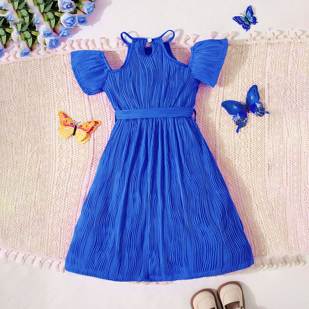 Girls Royal Blue Wave Textured Cold-Shoulder Casual Dress – INCLUD
