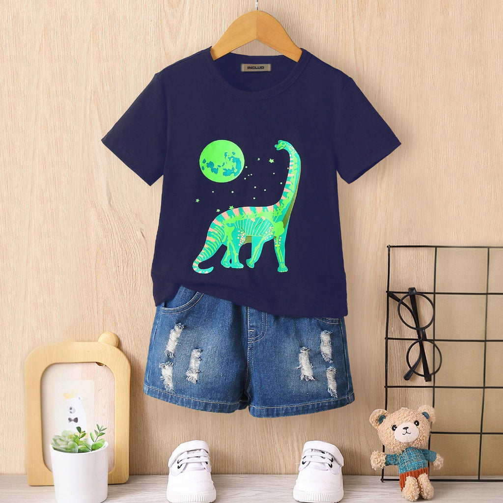 Boys Navy Blue Dinosaur Graphic Short Sleeves Round Neck T-Shirt Tshirts Navy Blue 3-4 Y