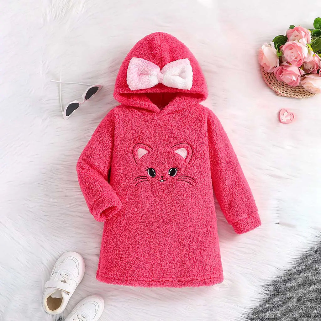 Girls Pink Cat Face Embroidered Hooded Fleece A-line Dress Casual Dresses Pink 3-4 Y