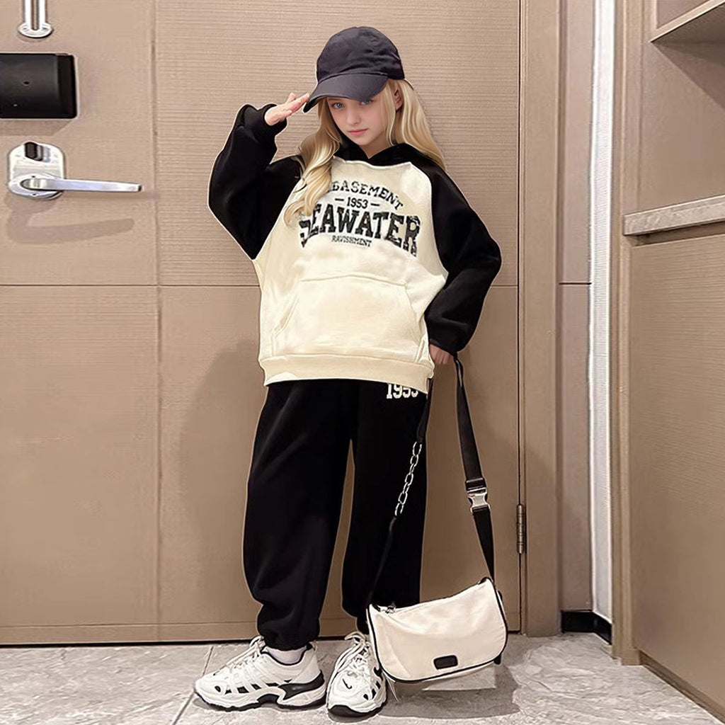 Girls Apricot Typographic Printed Hooded Sweatshirt With Pants Sets 2 pc. Sets Apricot 5-6 Y