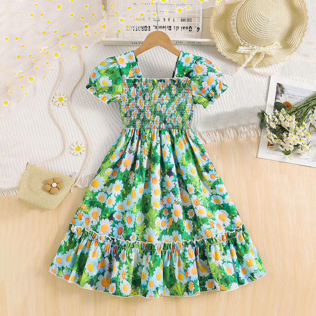 Girls Green Floral Printed Puff Sleeves Smocked Fit & Flare Casual Dress Casual Dresses Green 3-4 Y