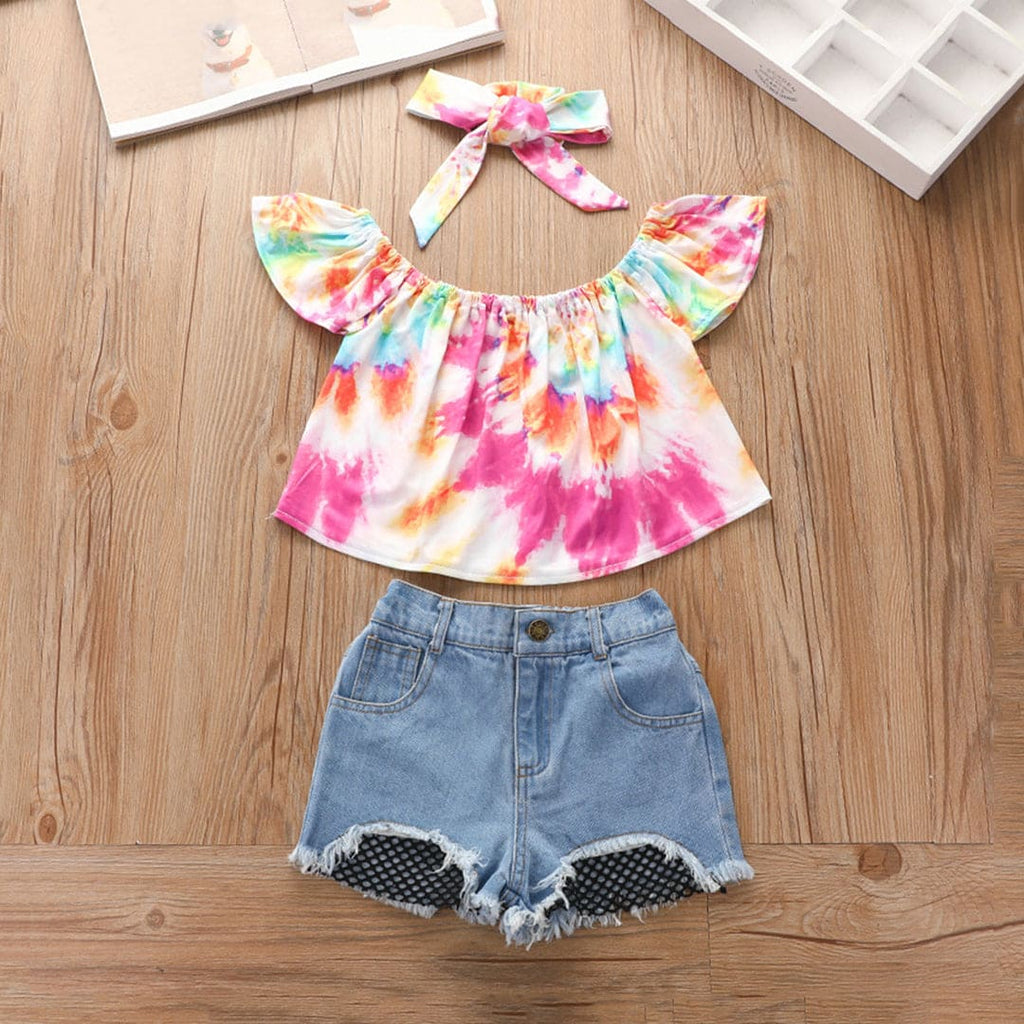 Girls Off shoulder Tie And Dye Top With Denim Shorts Sets Multicolor 1-2 Y 