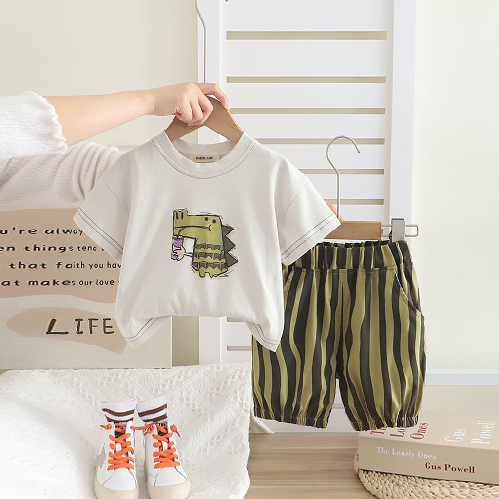 Boys Green Graphic Printed Short Sleeves T-Shirt With Shorts Set 2 pc. Sets Green 1-2 Y