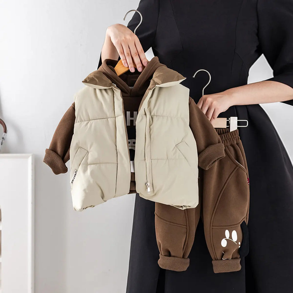 Boys Sleeveless Jacket With Regular Sweatshirt And Trouser Sets 3 pc. Sets Brown 1-2 Y