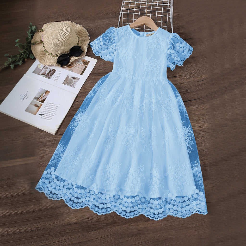 Girls Blue Flared Sleeve Embroidered Dress Casual Dresses Blue 12-13 Y