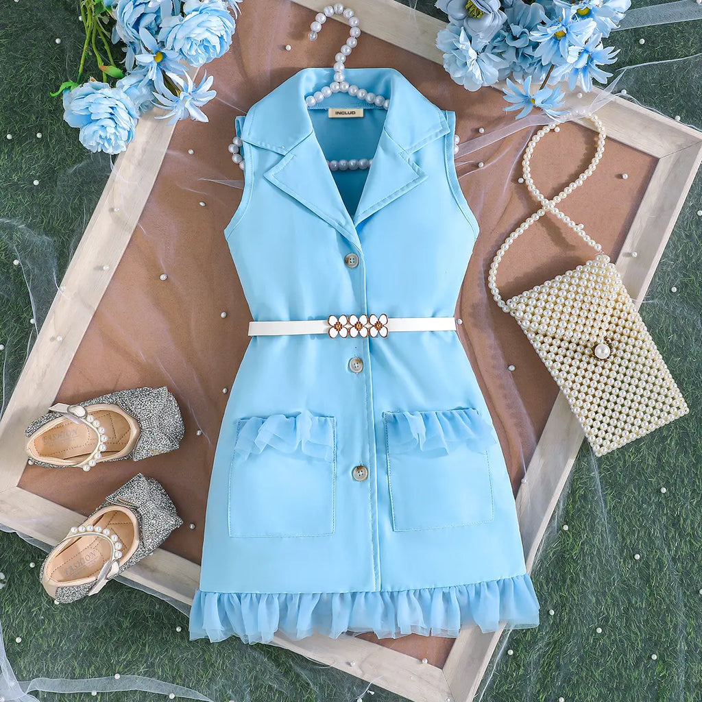 Girls Light Blue Sleeveless Blazer Dresses With Tulle Ruffles Hem Casual Dresses Light Blue 2-3 Y