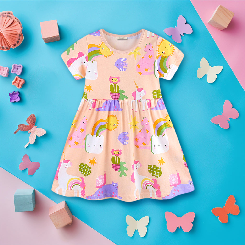 Girls Cartoon Graphic Short Sleeve Fit & Flare Dress Casual Dresses Peach 1-2 Y 