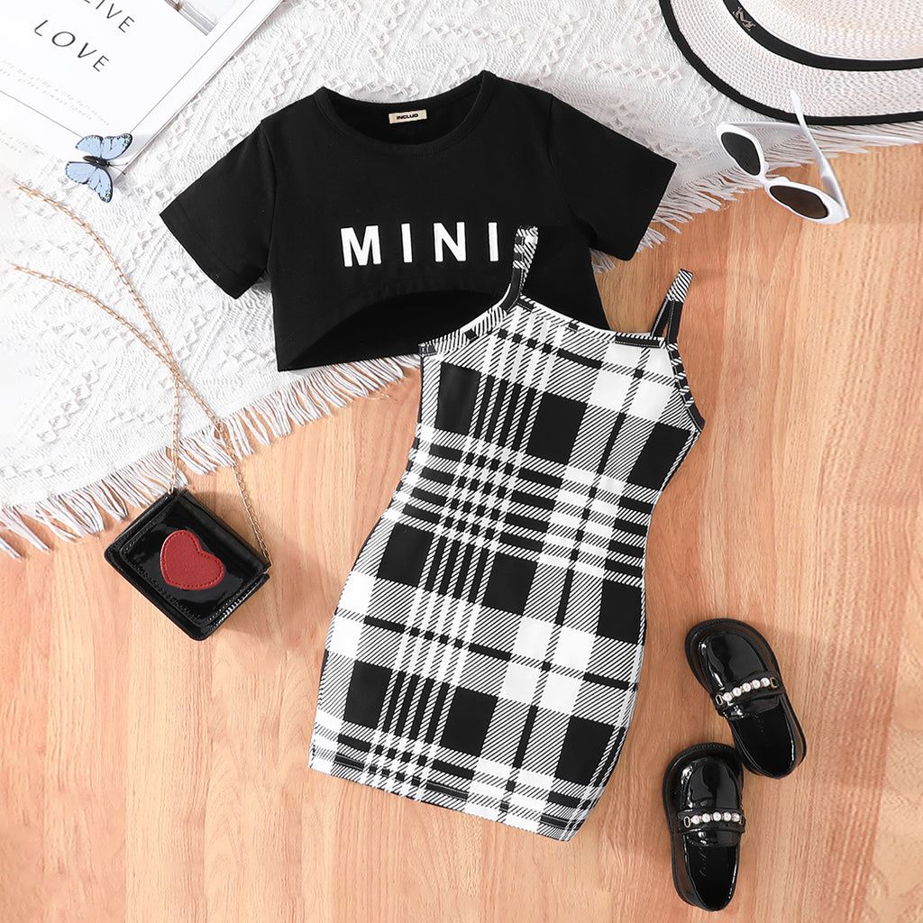 Girls Black Short Sleeve Top With Checked Print Bodycon Dress Casual Dresses Black 3-4 Y