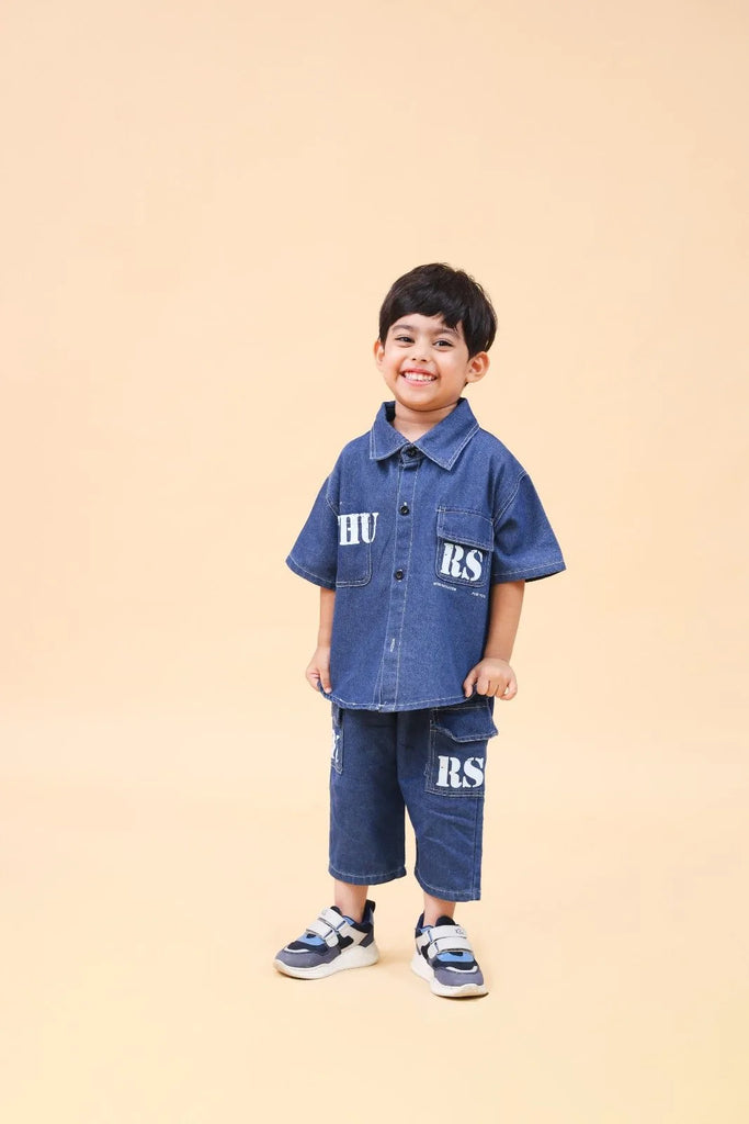 Boys Blue Denim Printed Short Sleeves Shirt With Cargo Pants Set 2 pc. Sets Blue 1-2 Y
