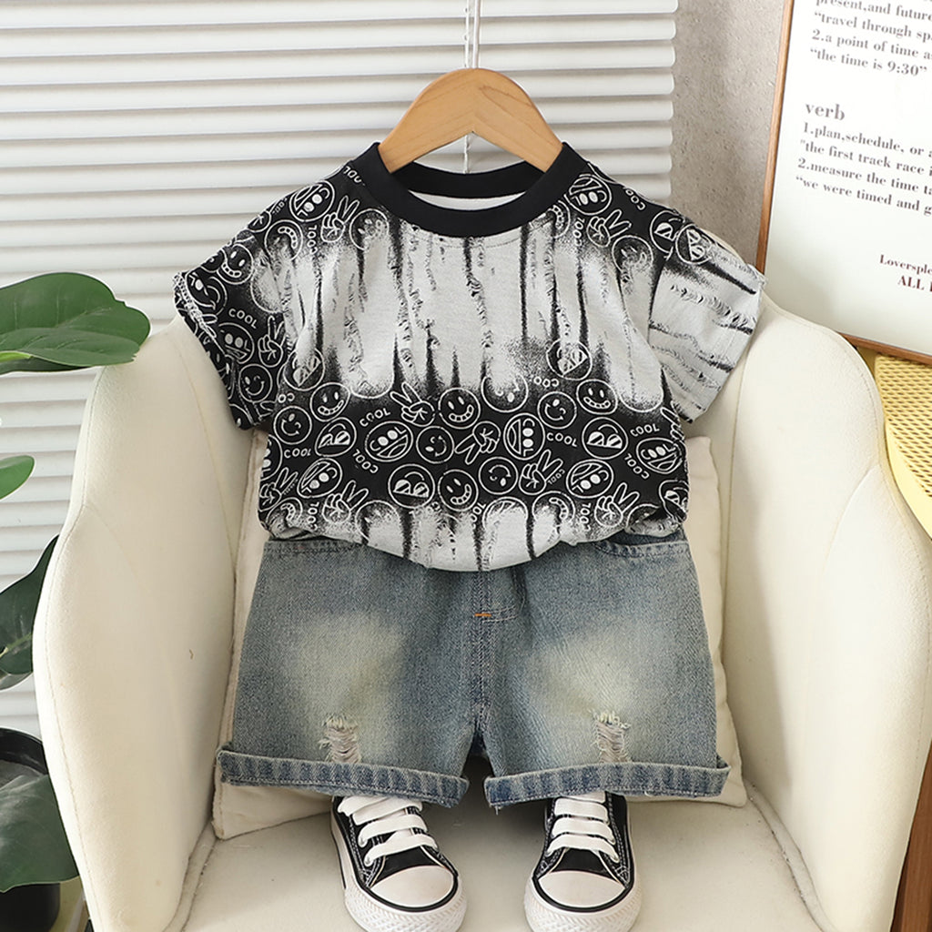 Boys Black Short Sleeves Printed T-Shirt With Denim Shorts Set 2 pc. Sets Black 1-2 Y