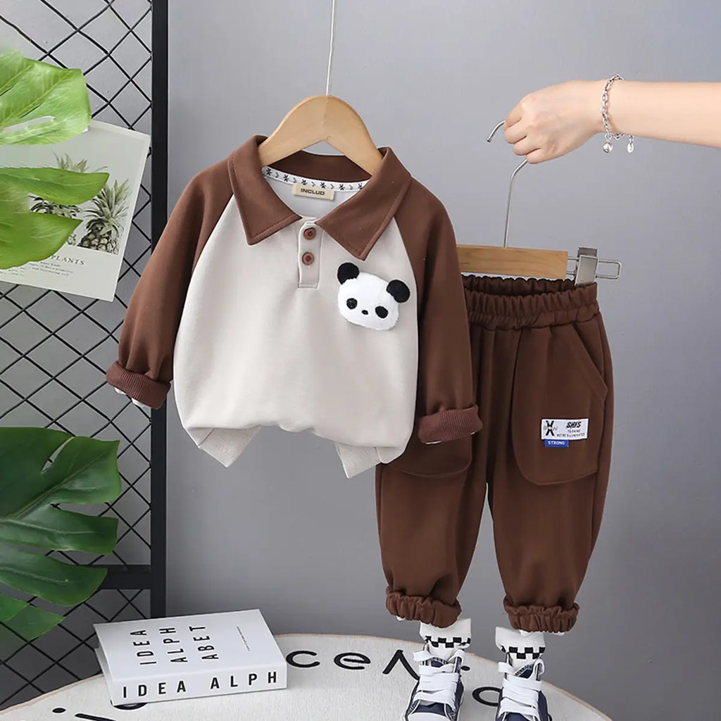 Boys Dark Brown 3D Panda Face Applique Polo Sweatshirt With Jogger Sets Sets Dark Brown 1-2 Y