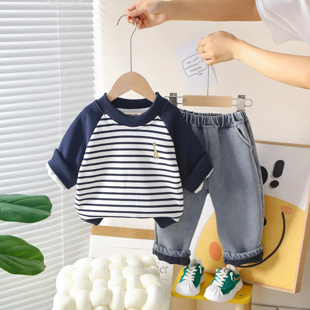 Boys White Printed Regular Sweatshirt With Denim Trouser Sets 2 pc. Sets White 1-2 Y