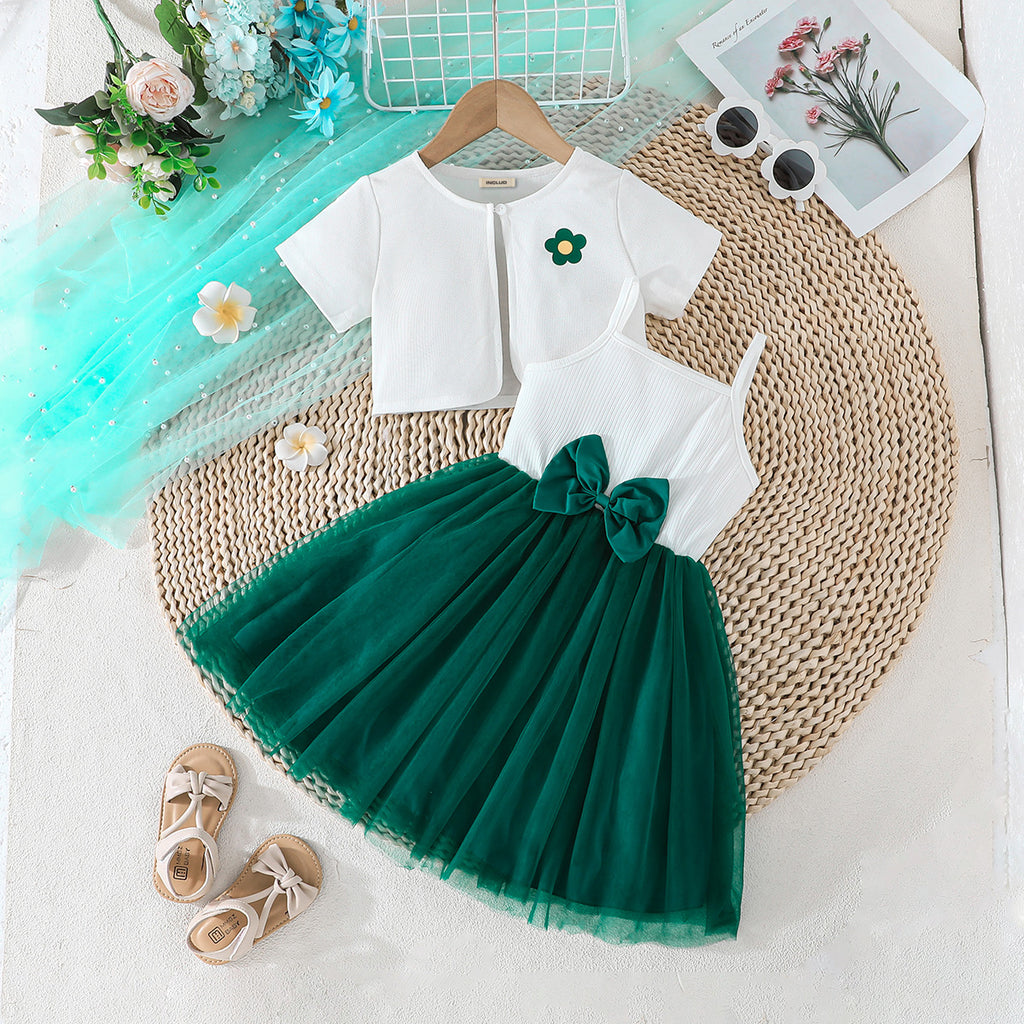Girls Green Fit And Flared Dress With Short Sleeves Shrug Casual Dresses Green 3-4 Y
