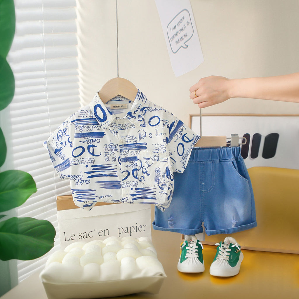 Boys Blue Abstract Printed Short Sleeves Shirt With Denim Shorts Set 2 pc. Sets Blue 1-2 Y