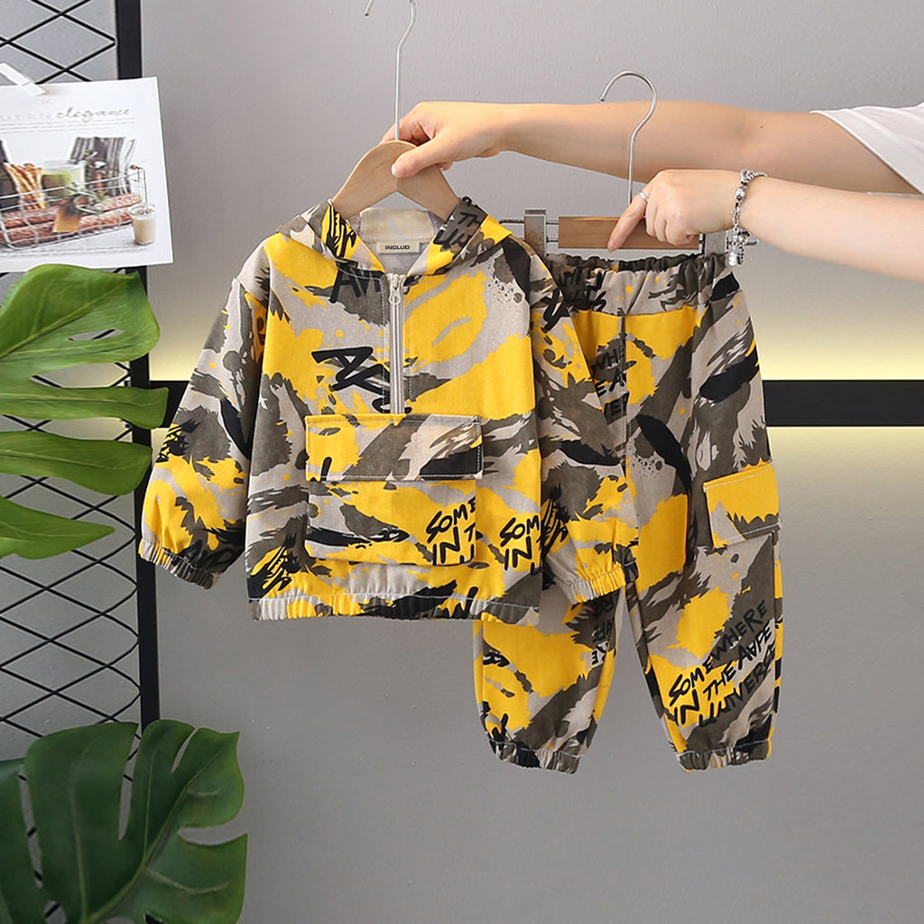 Boys Yellow Abstract Printed Hooded Jacket With Joggers Set 2 pc. Sets Yellow 1-2 Y