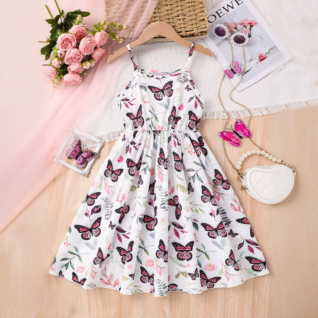 Girls Off White Butterfly Print Fit & Flare Casual Dress Casual Dresses