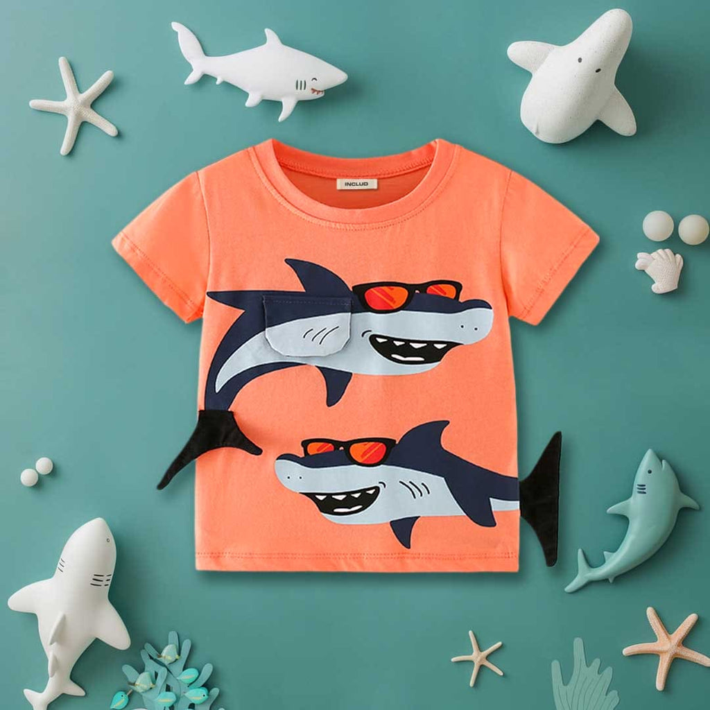 Boys Shark Print Short Sleeves T-Shirt Tshirts Orange 1-2 Y 