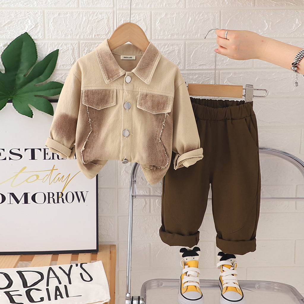 Boys Khaki Abstract Printed Long Sleeves Shacket With Pants Set 2 pc. Sets Khaki 1-2 Y