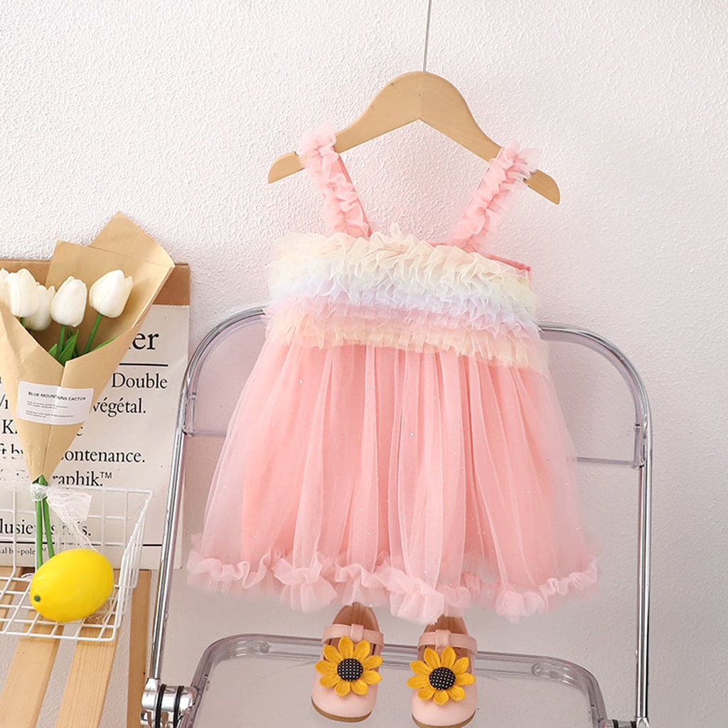 Girls Pastel Tone Ruffled Tulle Dress Casual Dresses Pink 1-2 Y 