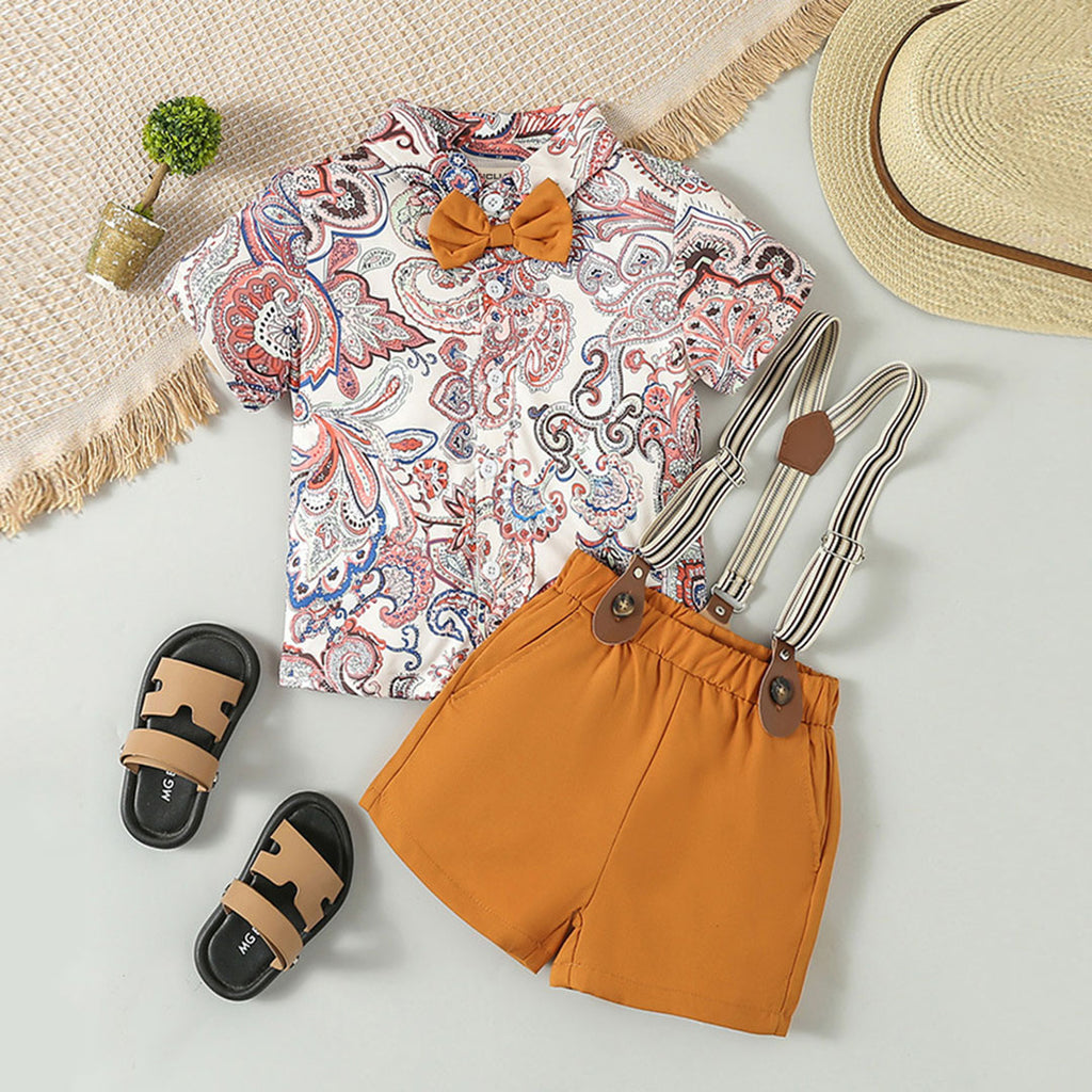 Boys Short Sleeve Printed Shirt With Brown Suspender Short set 2 pc. Sets Brown 1-2 Y