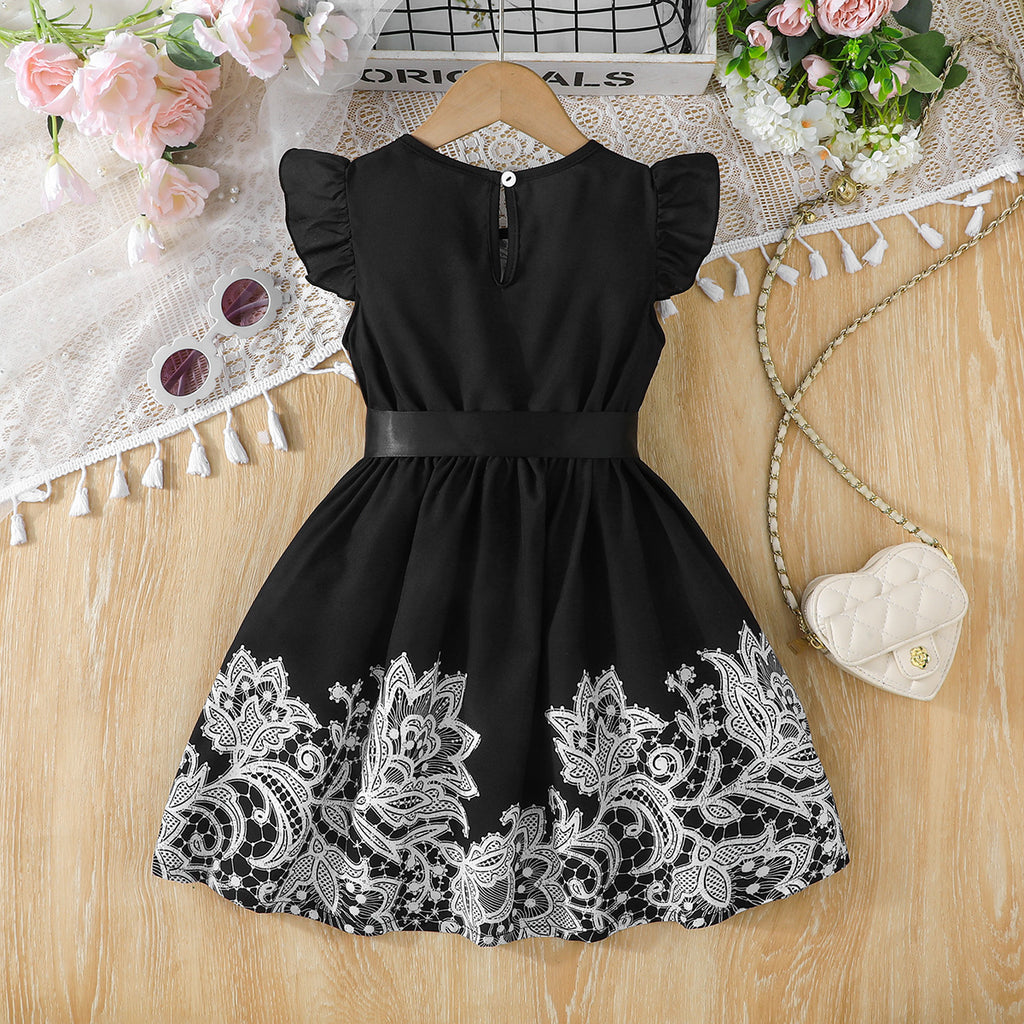 Girls Black Floral Printed Fit Flare Dress – INCLUD