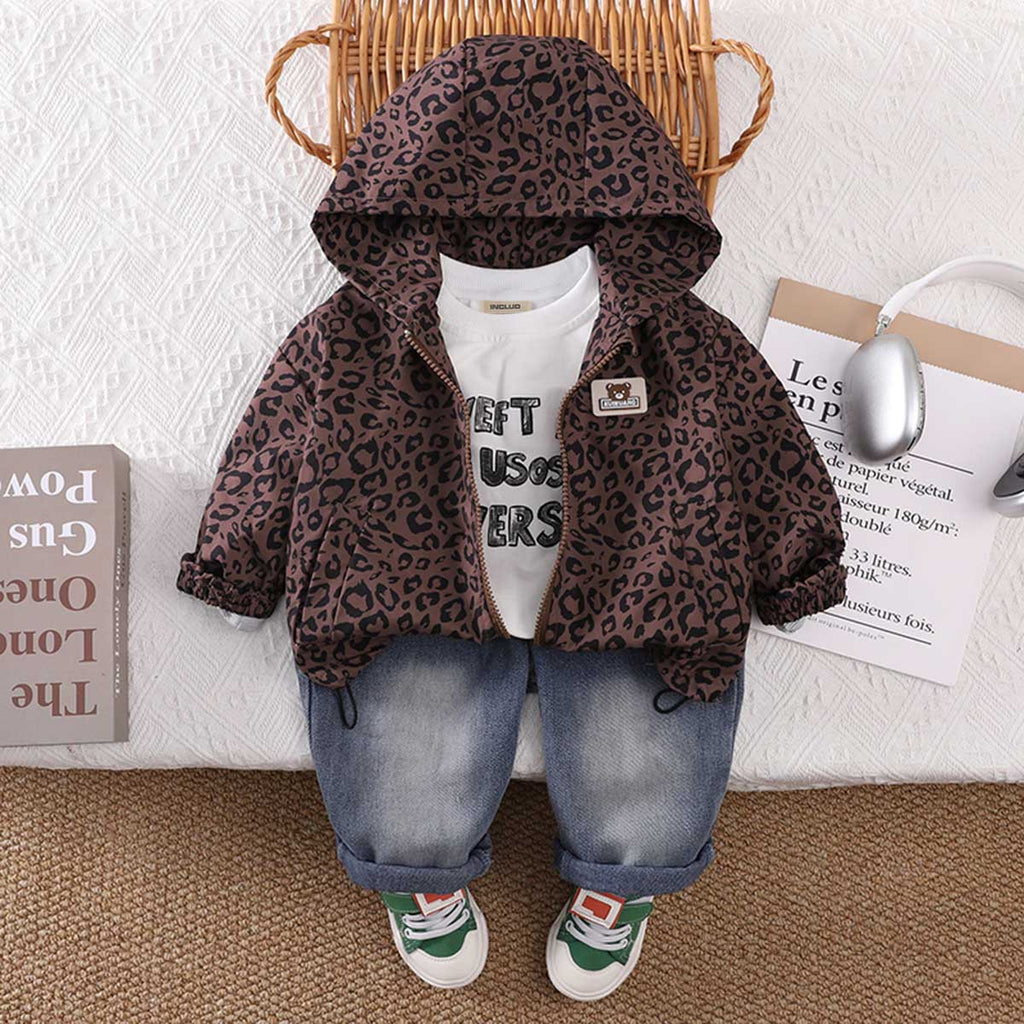 Boys Brown Animal Print Hooded Jacket with T-shirt & Jeans Set Sets Brown 1-2 Y