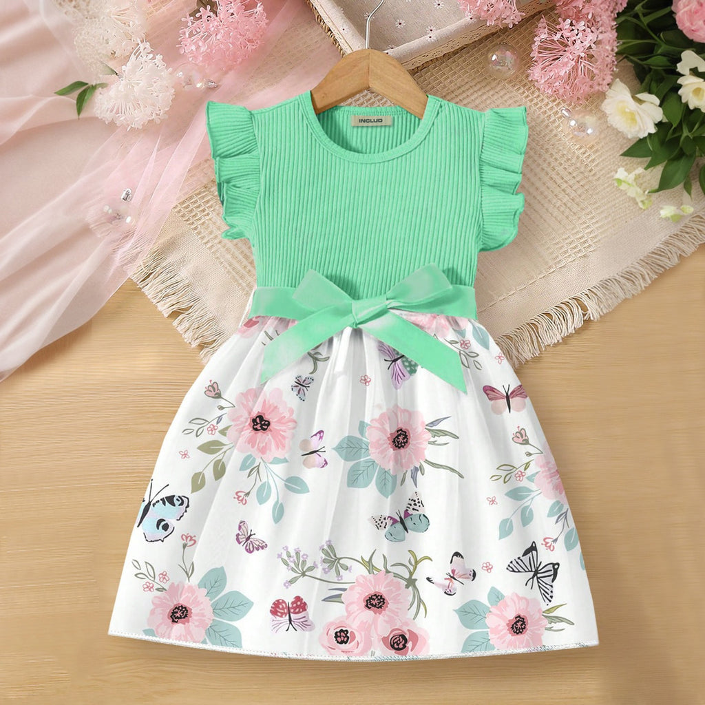 Girls Green Flared Sleeve Floral Printed Dress Casual Dresses Green 3-4 Y