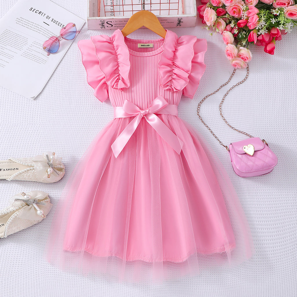 Girls Light Pink Flutter Sleeves Fit And Flared Dress Casual Dresses Light Pink 3-4 Y