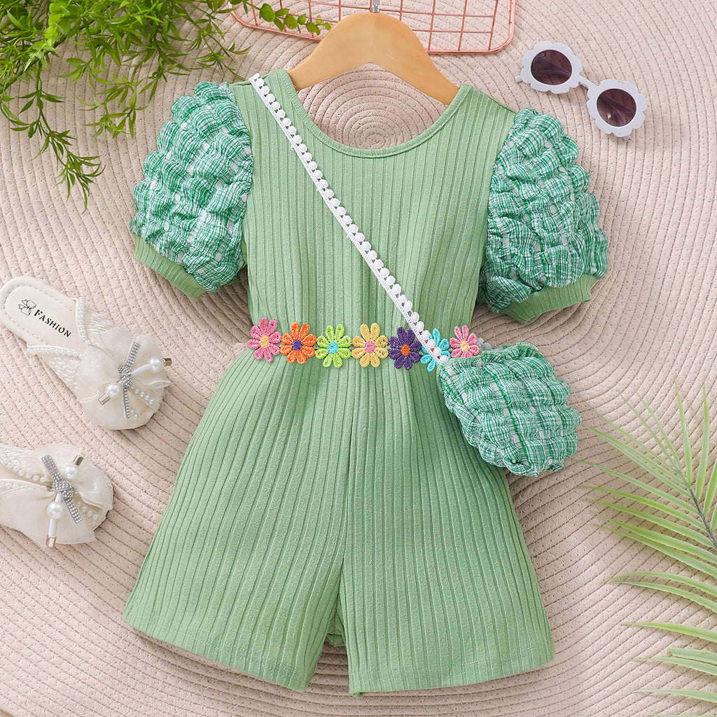 Girls Sea Green Puff Sleeves Round Neck Flowers Belted Jumpsuit With Bag Jumpsuits Sea Green 2-3 Y