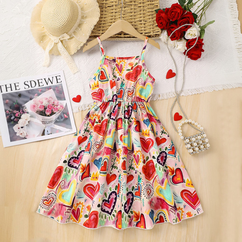 Girls Multicolored Heart Printed Midi Sundress Casual Dresses Multicolor 3-4 Y