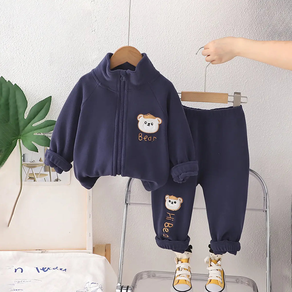 Boys Navy Blue Bear Patch Embroidered Zip-up Jacket With Jogger Sets Sets Navy Blue 1-2 Y