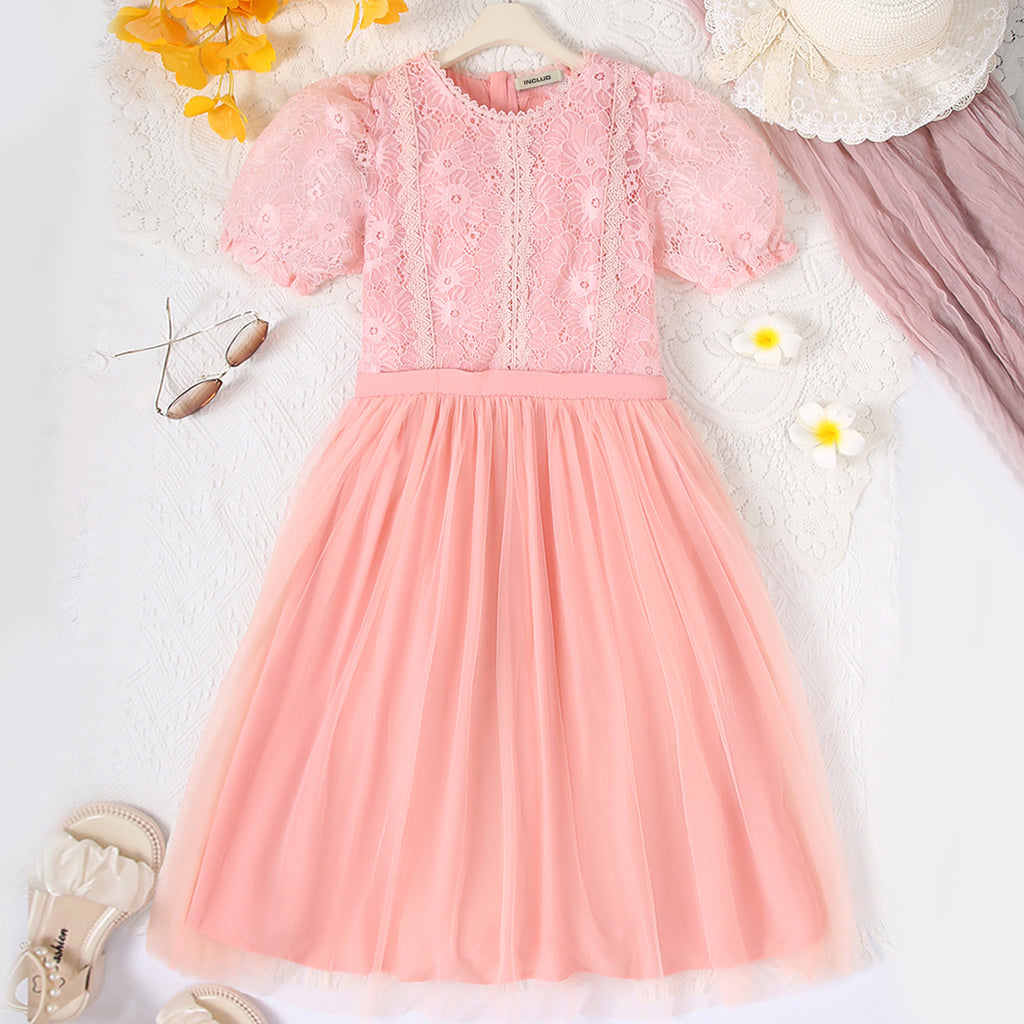 Peach Floral Lace Bodice Tulle Overlay Dress Casual Dresses Peach 8-9 Y