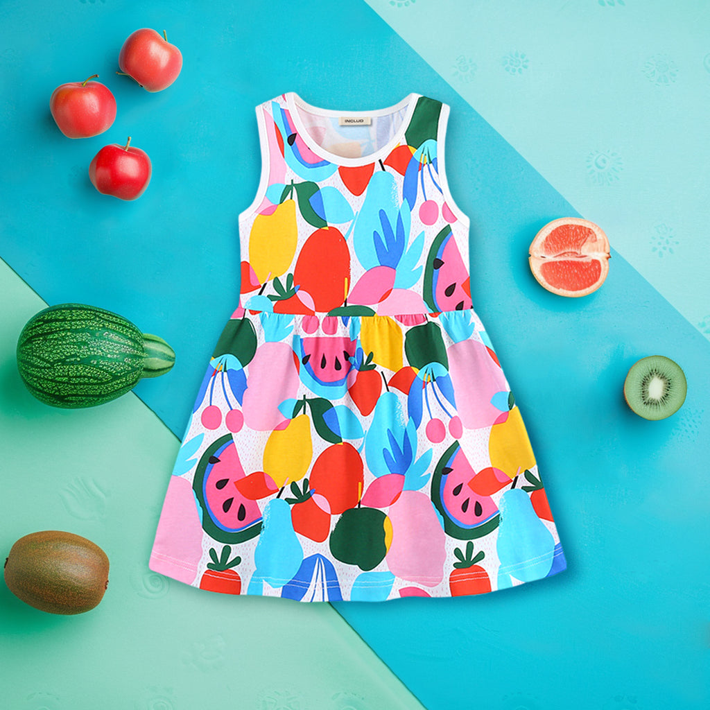 Girls Sleeveless Fruit Print Fit & Flare Dress Casual Dresses Multicolor 1-2 Y 