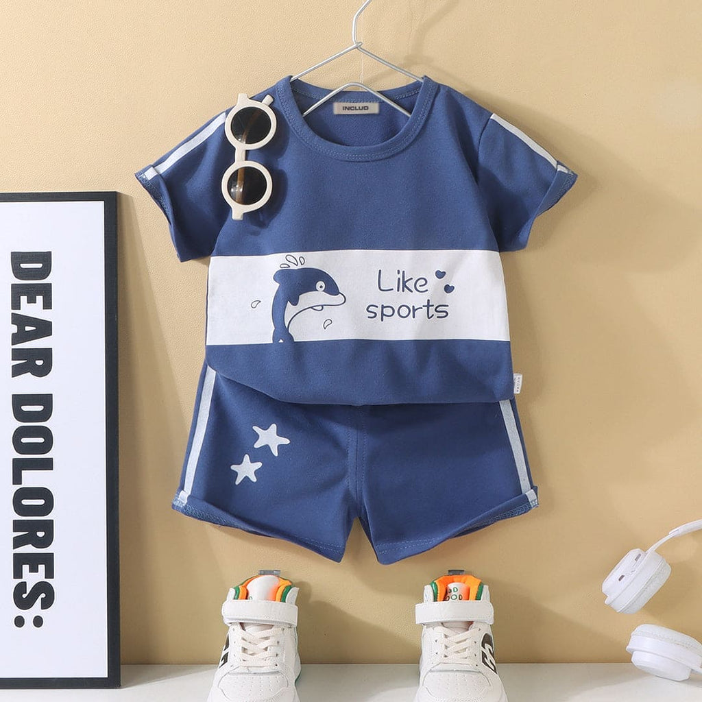Boys Short Sleeve Whale Graphic Print T-Shirt With Shorts Set Sets Blue 1-2 Y 