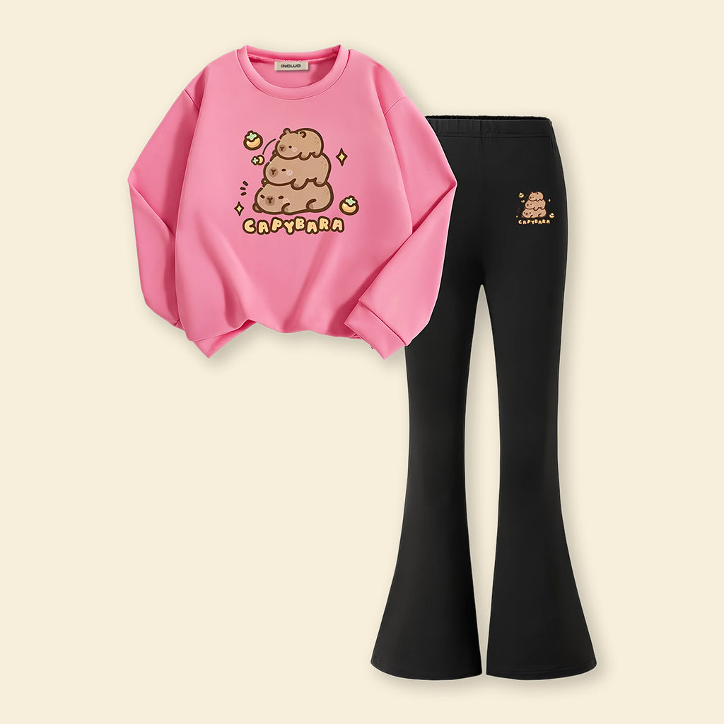 Girls Pink Cartoon Characters Printed Sweatshirt With Flared Pants Sets 2 pc. Sets Pink 7-8 Y