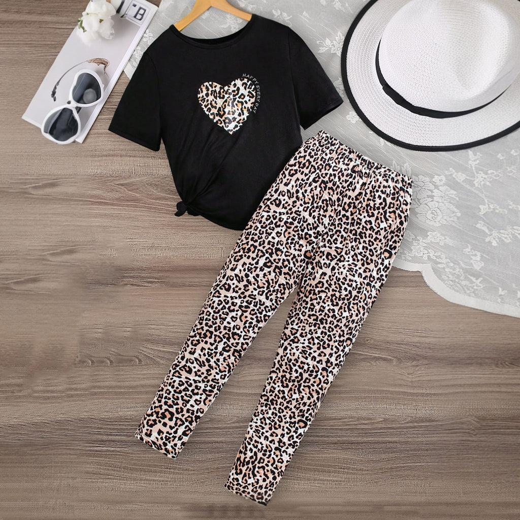 Girls Black Short Sleeves T-Shirt With Leopard Printed Legging Set 2 pc. Sets Black 12-13 Y