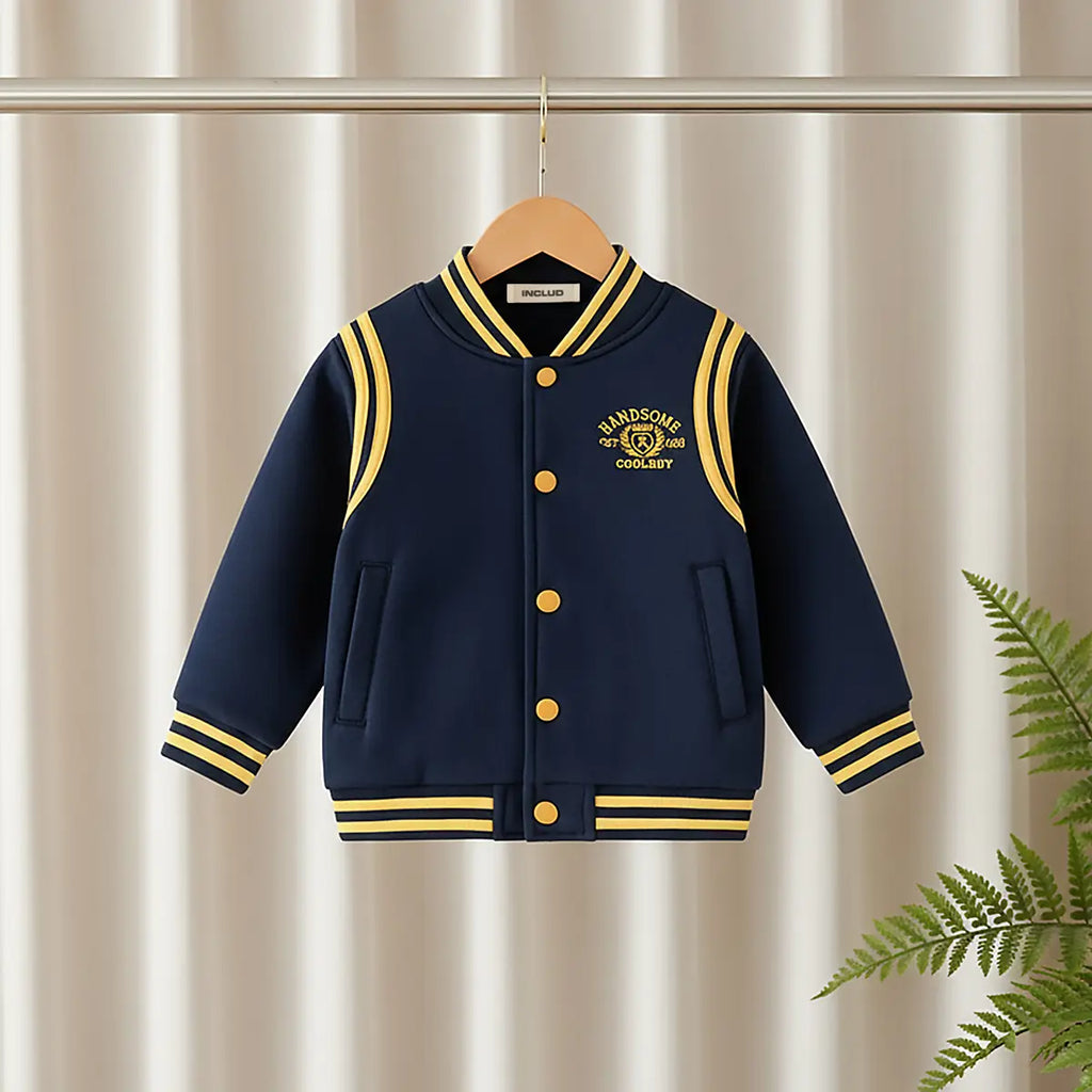 Boys Navy Blue Typographic Embroidered Varsity Jacket Coats & Jackets Navy Blue 1-2 Y