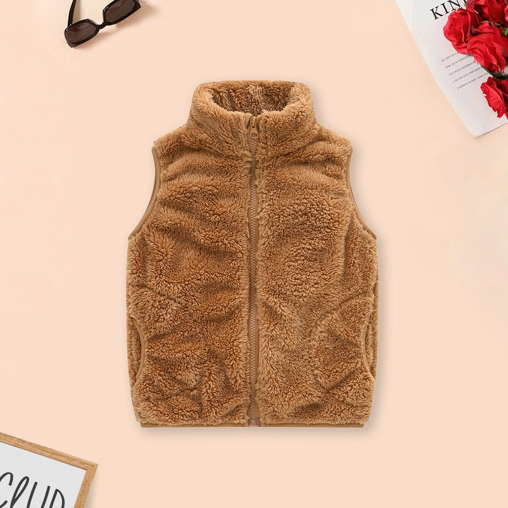 Girls Brown Fleece Front Zipper Sleeveless Winter Jacket Coats & Jackets Brown 3-4 Y