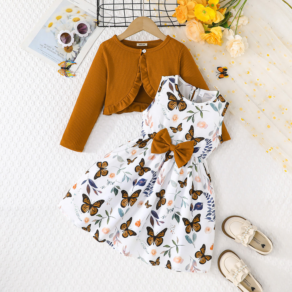 Girls Brown Butterfly Printed Fit And Flared Dress With Shrug Casual Dresses Brown 2-3 Y