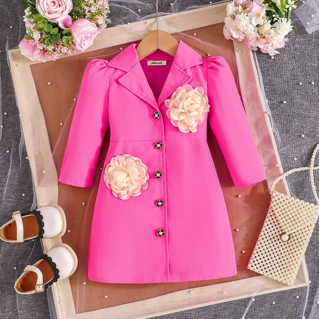 Girls Pink Flowers Applique Long Sleeves Blazer Dresses Casual Dresses Pink 2-3 Y