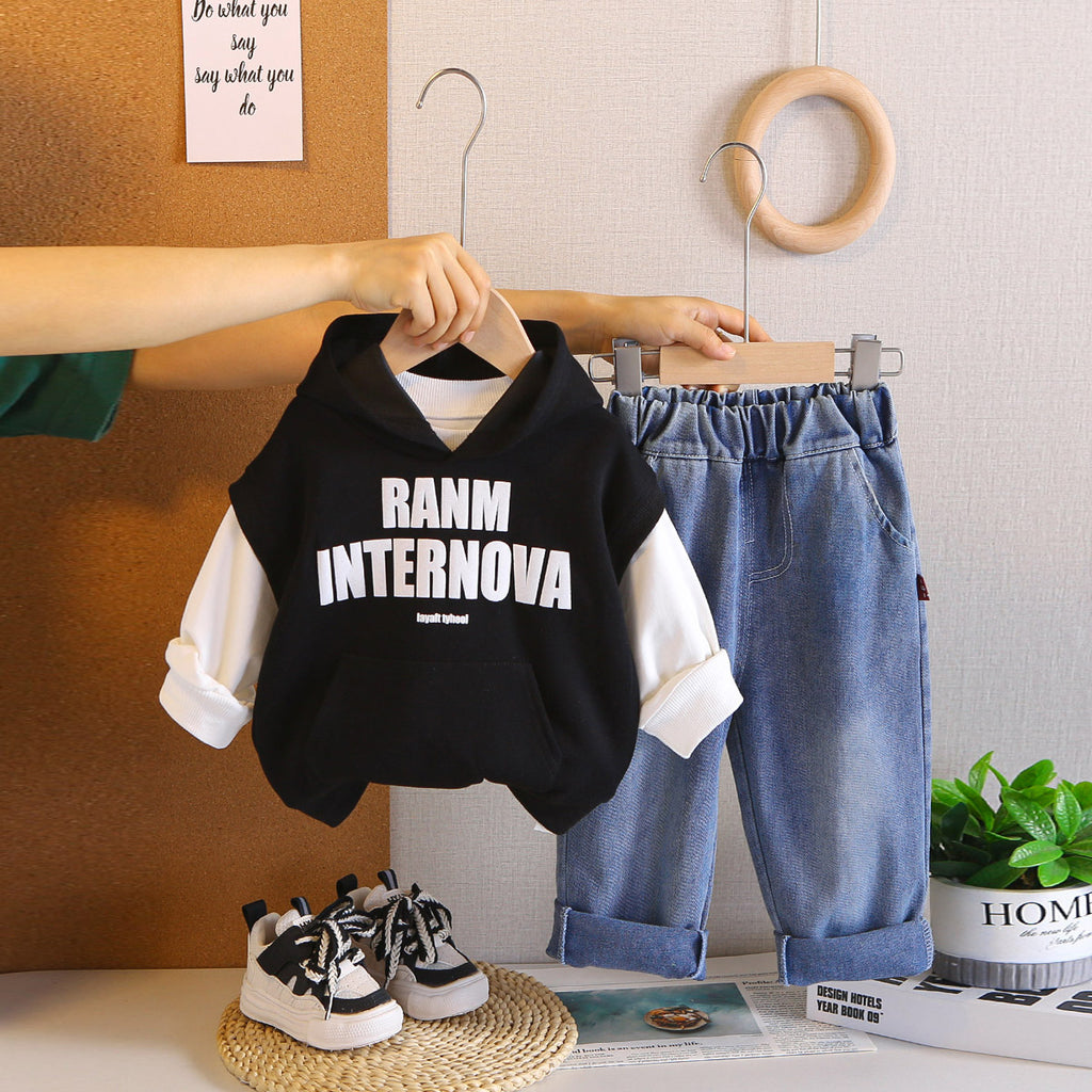 Boys Black Typographic Printed Sleeveless Sweatshirt With T-Shirt & Denim Pants Set Sets Black 1-2 Y