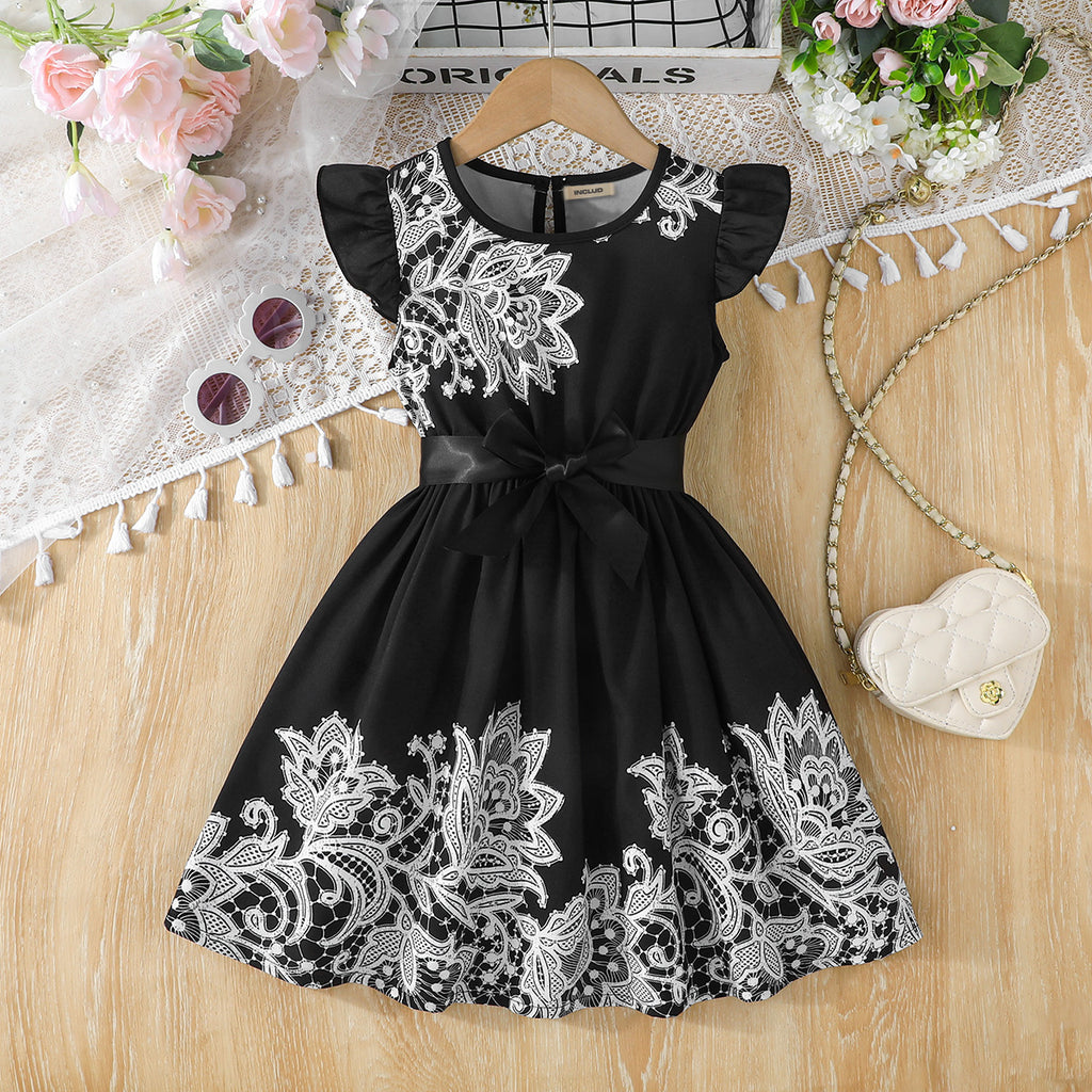 Girls Black Floral Printed Fit & Flare Dress Casual Dresses Black 3-4 Y